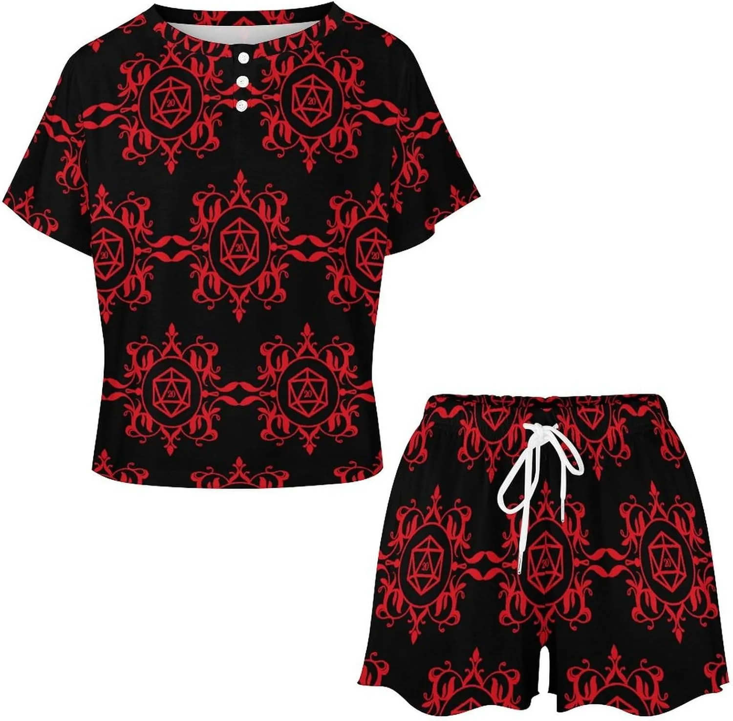 D20 Dice Pajamas Set Womens Short Sleeve Loungewear Sleepwear 2 Piece Pjs
