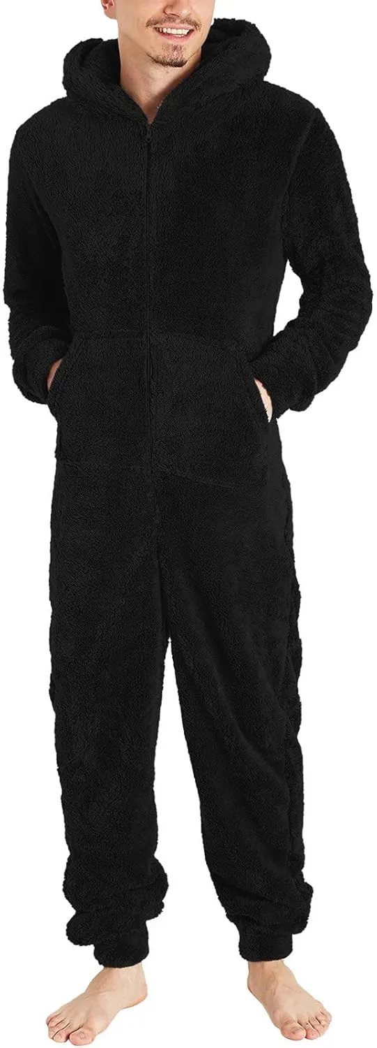 Dgoopd Hooded Fleece Jumpsuit for Men One Piece Zip Up Winter Pajamas with Pocket Soft Cozy Winter Warm Plush Loungewear