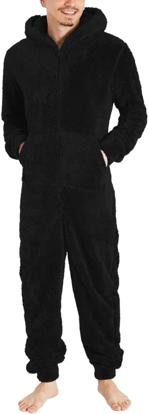 Dgoopd Hooded Fleece Jumpsuit for Men One Piece Zip Up Winter Pajamas with Pocket Soft Cozy Winter Warm Plush Loungewear