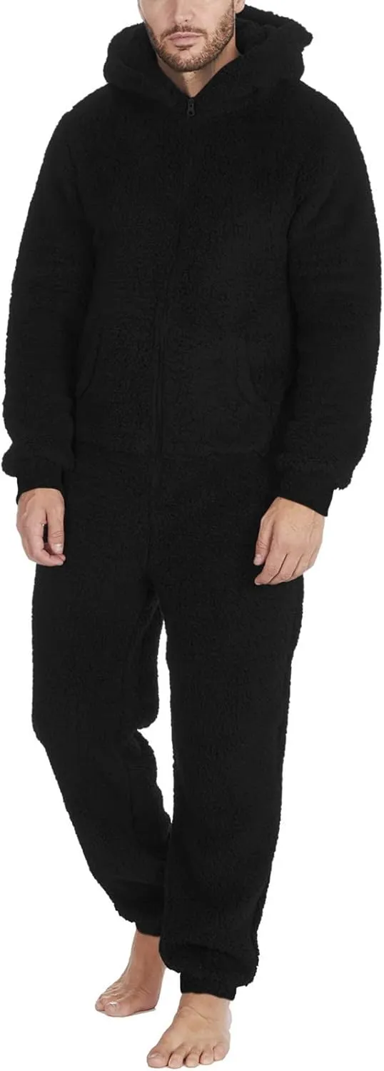Dgoopd Hooded Fleece Jumpsuit for Men One Piece Zip Up Winter Pajamas with Pocket Soft Cozy Winter Warm Plush Loungewear