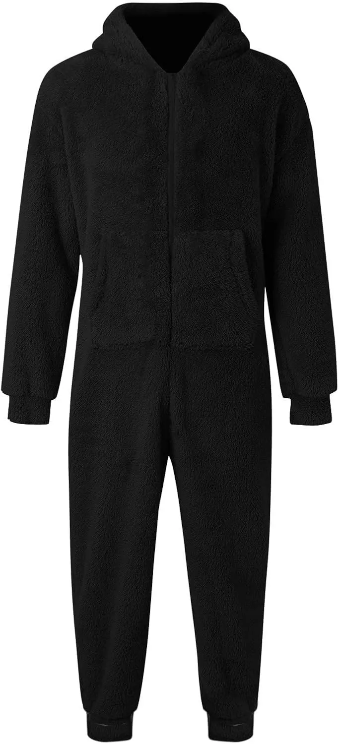 Dgoopd Hooded Fleece Jumpsuit for Men One Piece Zip Up Winter Pajamas with Pocket Soft Cozy Winter Warm Plush Loungewear
