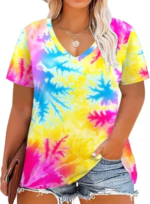 DOLNINE Womens Plus Size Tops Tie Dye Casual V Neck Summer Short Sleeve Loose Fit Shirts XL-5XL