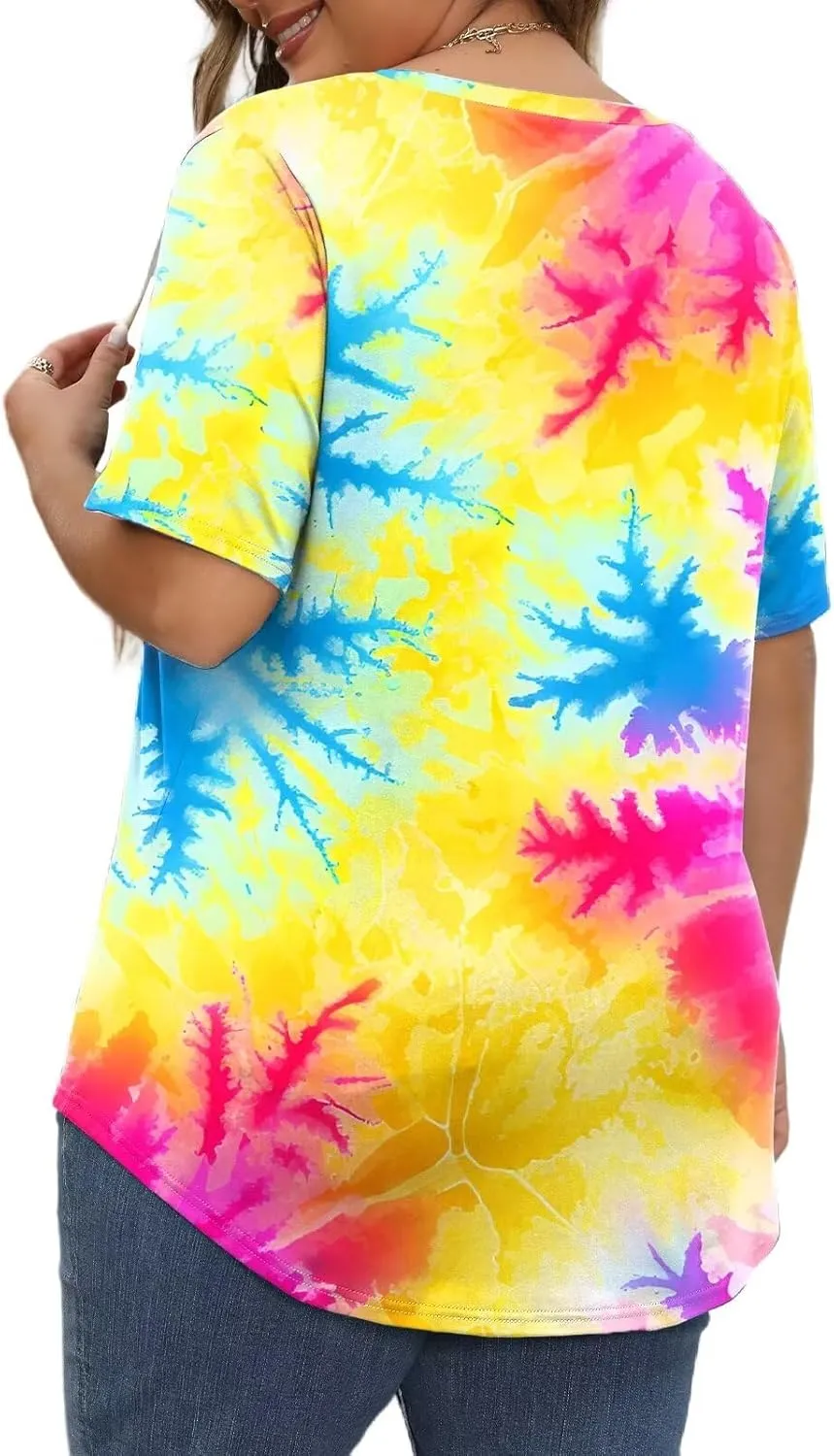 DOLNINE Womens Plus Size Tops Tie Dye Casual V Neck Summer Short Sleeve Loose Fit Shirts XL-5XL
