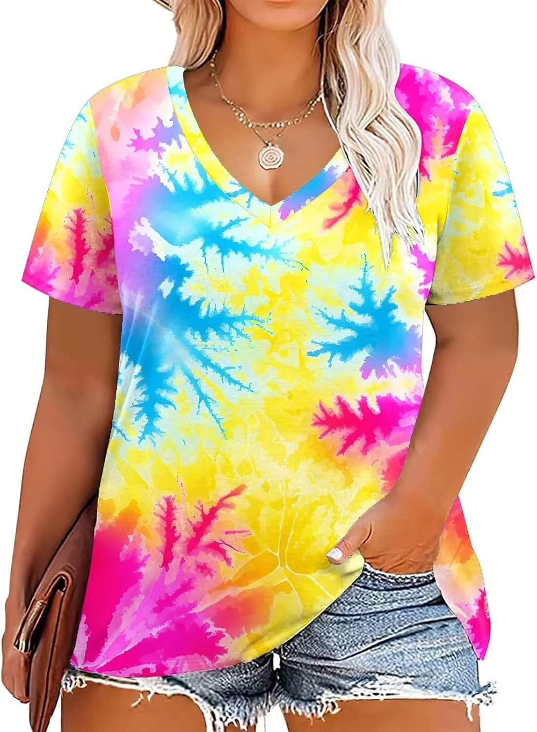 DOLNINE Womens Plus Size Tops Tie Dye Casual V Neck Summer Short Sleeve Loose Fit Shirts XL-5XL