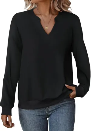 EADINVE Womens Casual Long Sleeve V Neck Sweatshirts Cute Loose Fit Lightweight Pullover Fall Clothes Tunic Tops
