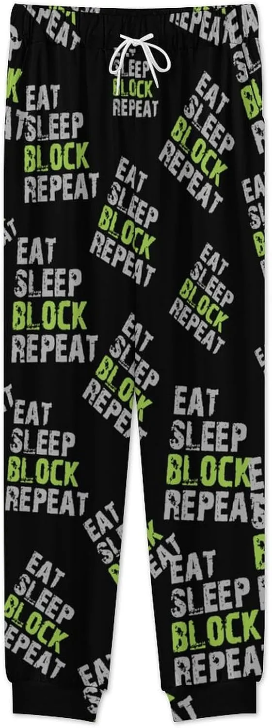 Eat Sleep Block Repeat Soft Men's Pajama Set Warm Sleepwear Loungewear Long Sleeve Top & Bottom PJs