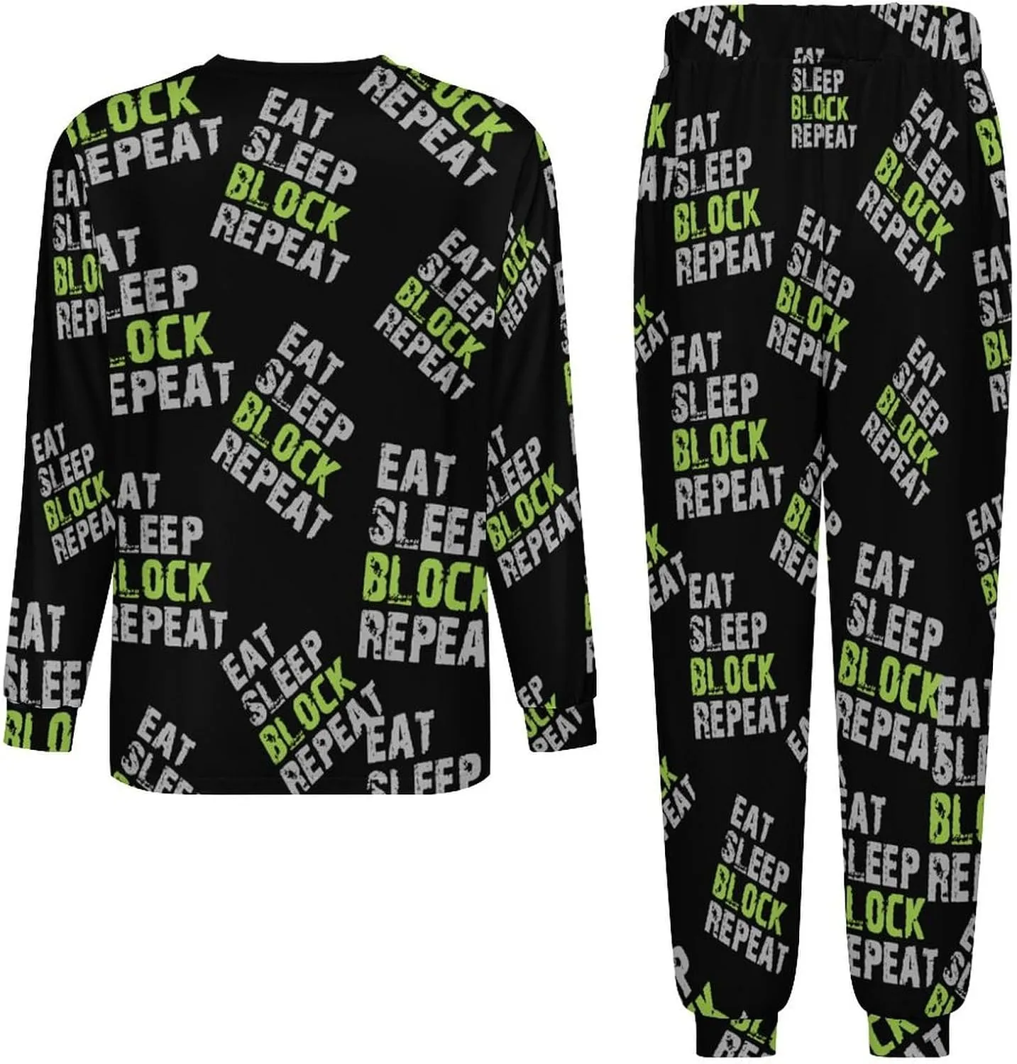 Eat Sleep Block Repeat Soft Men's Pajama Set Warm Sleepwear Loungewear Long Sleeve Top & Bottom PJs