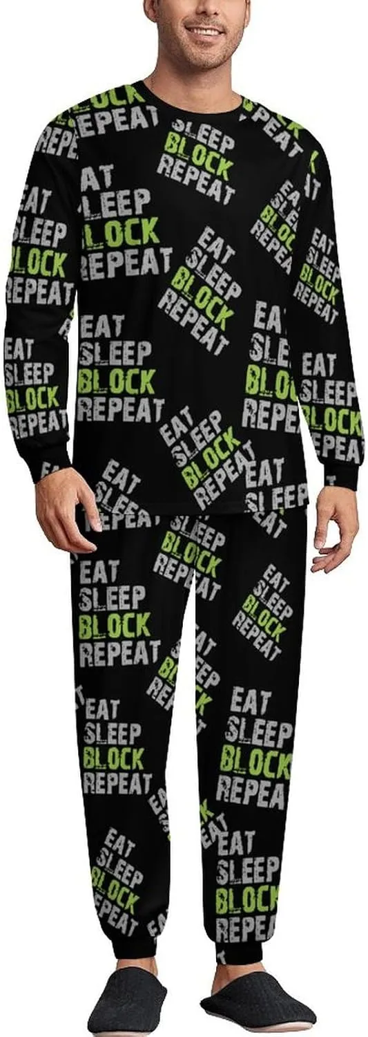Eat Sleep Block Repeat Soft Men's Pajama Set Warm Sleepwear Loungewear Long Sleeve Top & Bottom PJs