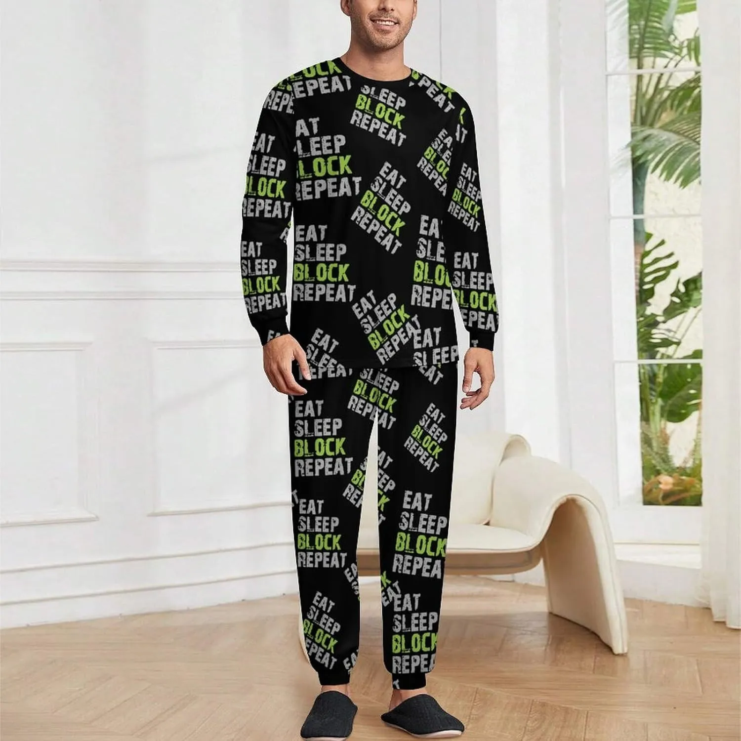 Eat Sleep Block Repeat Soft Men's Pajama Set Warm Sleepwear Loungewear Long Sleeve Top & Bottom PJs