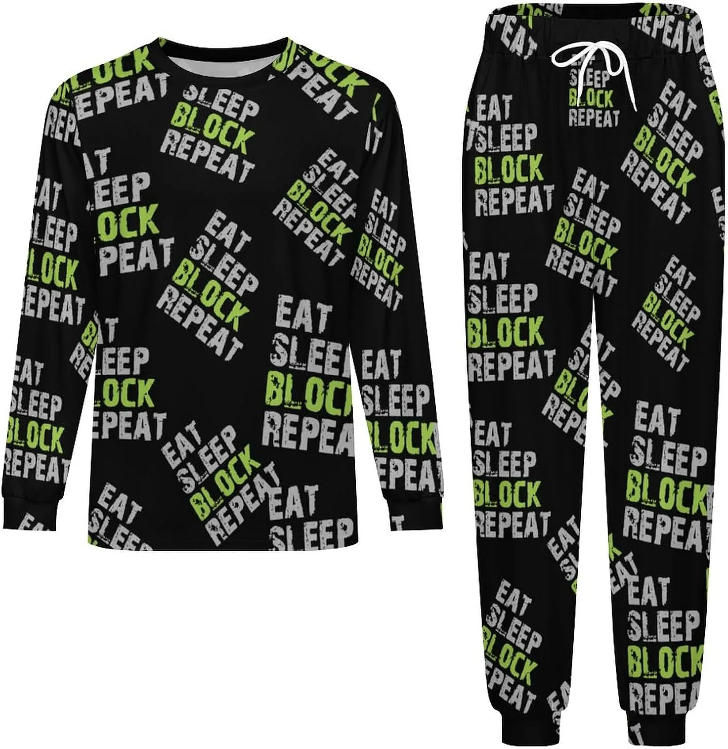 Eat Sleep Block Repeat Soft Men's Pajama Set Warm Sleepwear Loungewear Long Sleeve Top & Bottom PJs