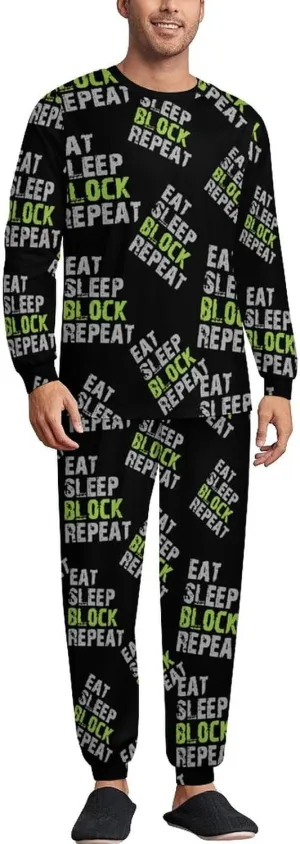 Eat Sleep Block Repeat Soft Men's Pajama Set Warm Sleepwear Loungewear Long Sleeve Top & Bottom PJs