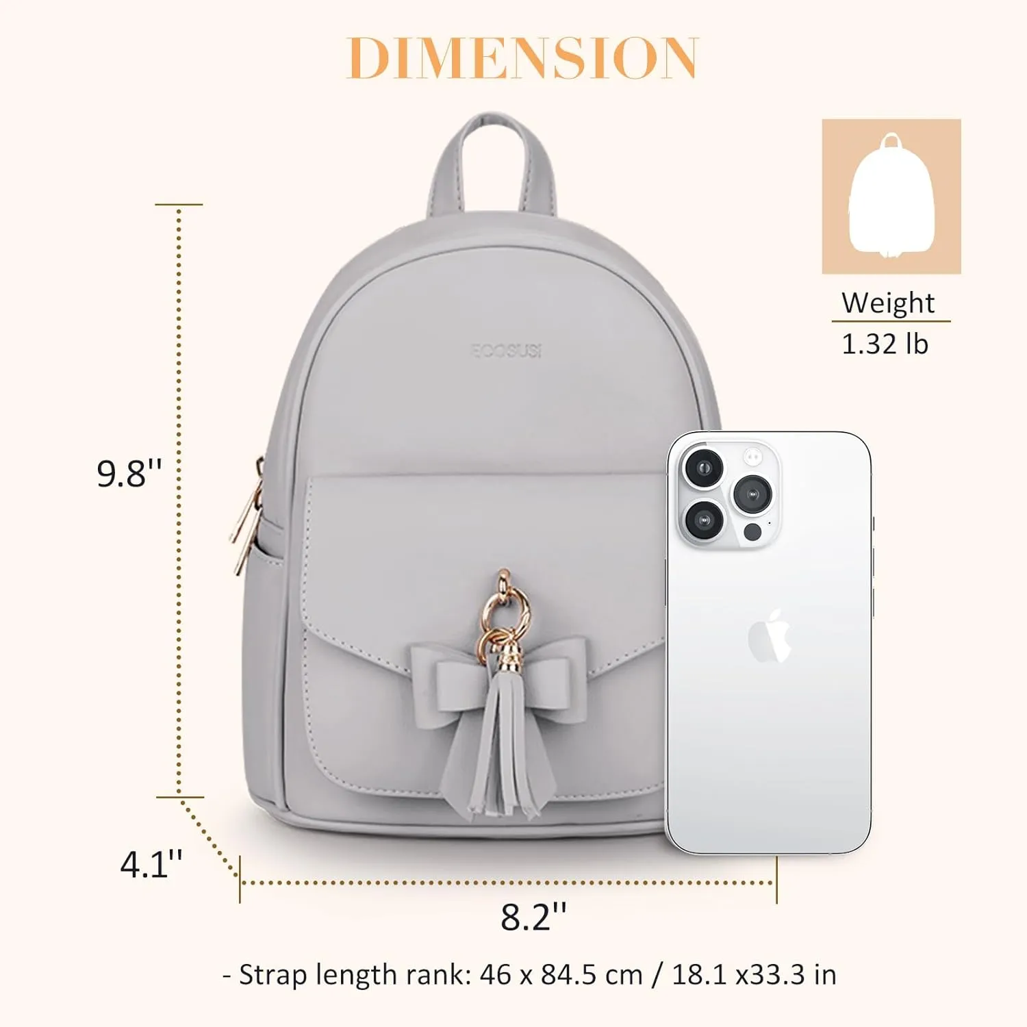 ECOSUSI Mini Backpack for Women Girls Cute Bowknot Small Backpack Purse Ladies Leather Bookbag Satchel Bag, with Charm Tassel