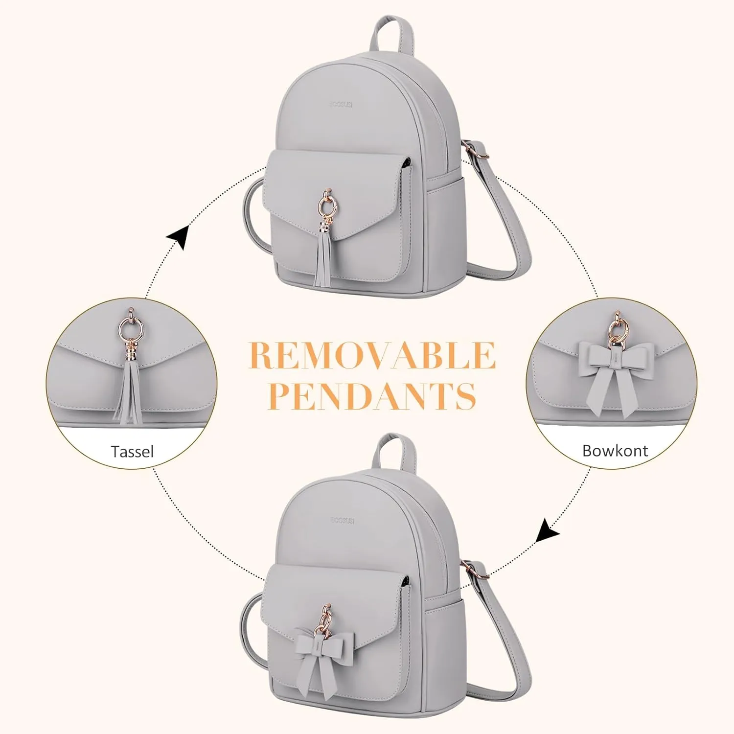 ECOSUSI Mini Backpack for Women Girls Cute Bowknot Small Backpack Purse Ladies Leather Bookbag Satchel Bag, with Charm Tassel