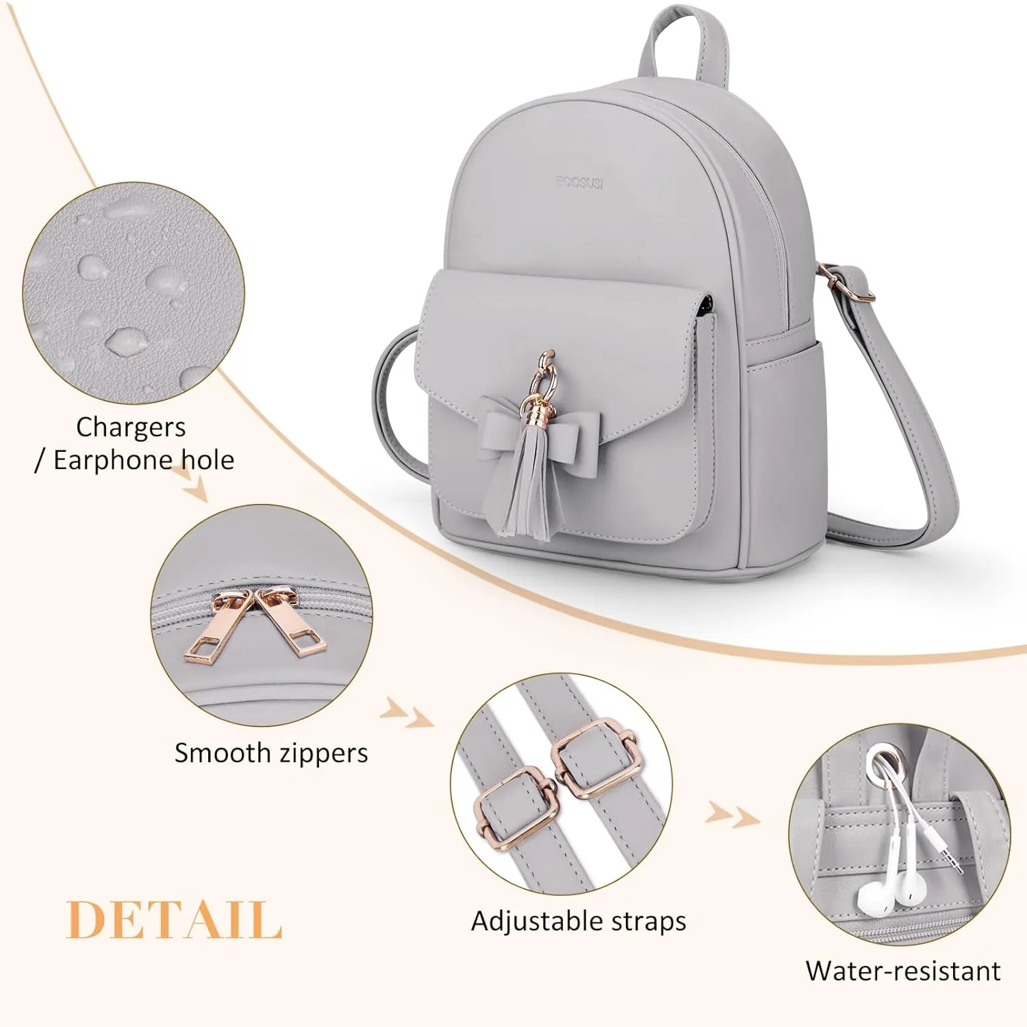 ECOSUSI Mini Backpack for Women Girls Cute Bowknot Small Backpack Purse Ladies Leather Bookbag Satchel Bag, with Charm Tassel