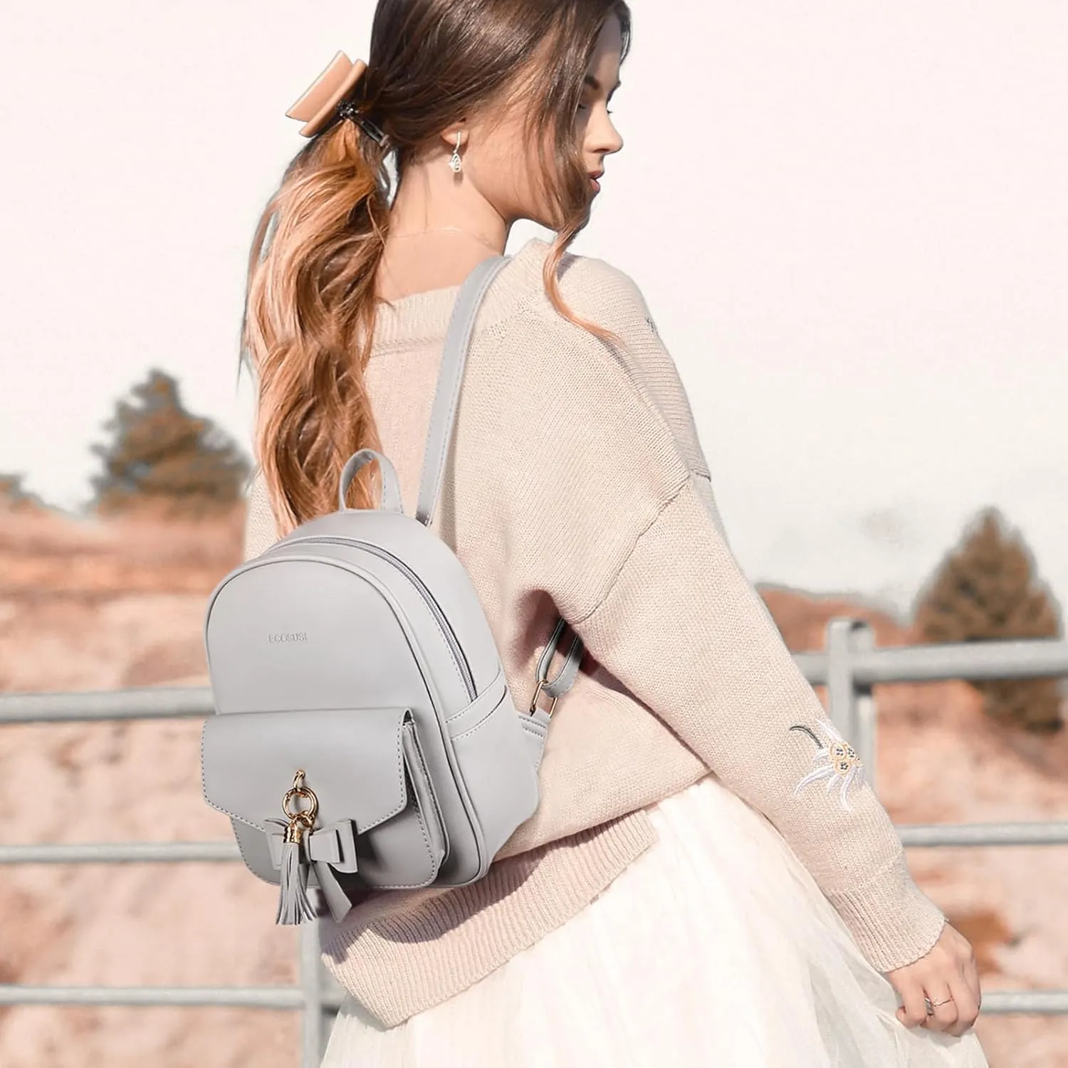 ECOSUSI Mini Backpack for Women Girls Cute Bowknot Small Backpack Purse Ladies Leather Bookbag Satchel Bag, with Charm Tassel