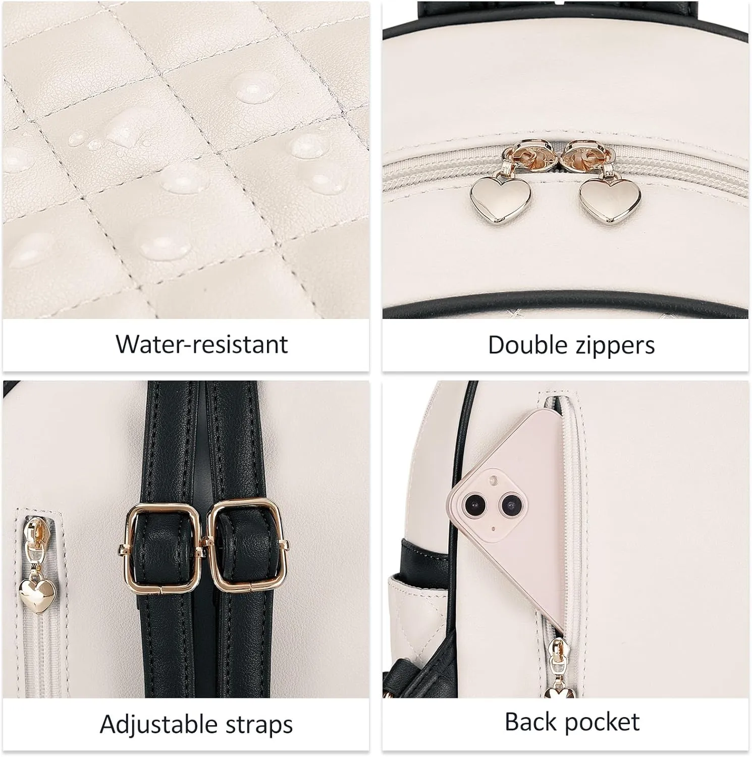ECOSUSI Mini Backpack for Women Leather Small Backpack Purse for Ladies Cute Pom Bookbag Travel Shoulder Bag with Charm Tassel Black & Beige