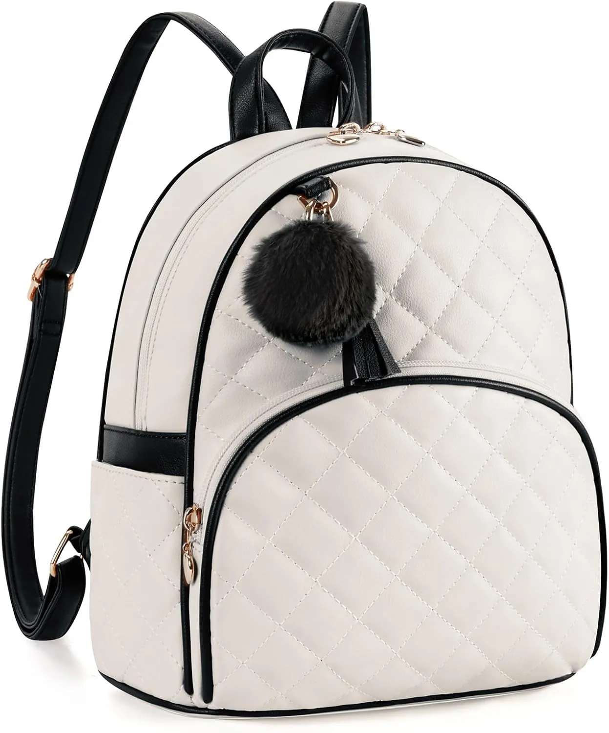 ECOSUSI Mini Backpack for Women Leather Small Backpack Purse for Ladies Cute Pom Bookbag Travel Shoulder Bag with Charm Tassel Black & Beige