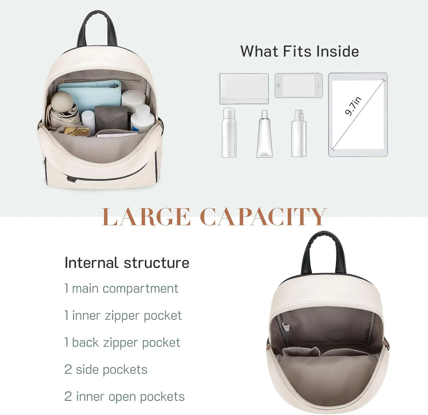 ECOSUSI Mini Backpack for Women Leather Small Backpack Purse for Ladies Cute Pom Bookbag Travel Shoulder Bag with Charm Tassel Black & Beige