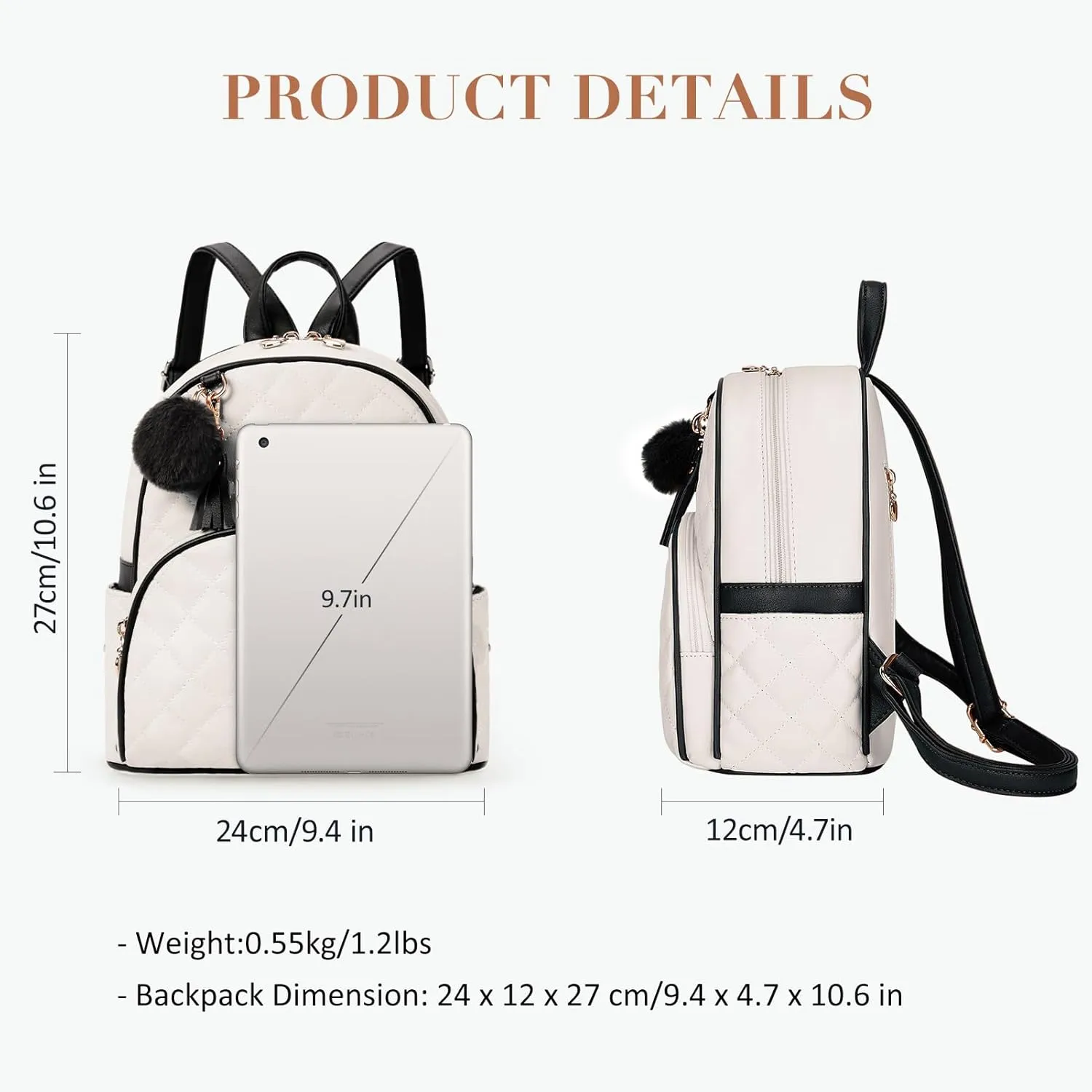 ECOSUSI Mini Backpack for Women Leather Small Backpack Purse for Ladies Cute Pom Bookbag Travel Shoulder Bag with Charm Tassel Black & Beige
