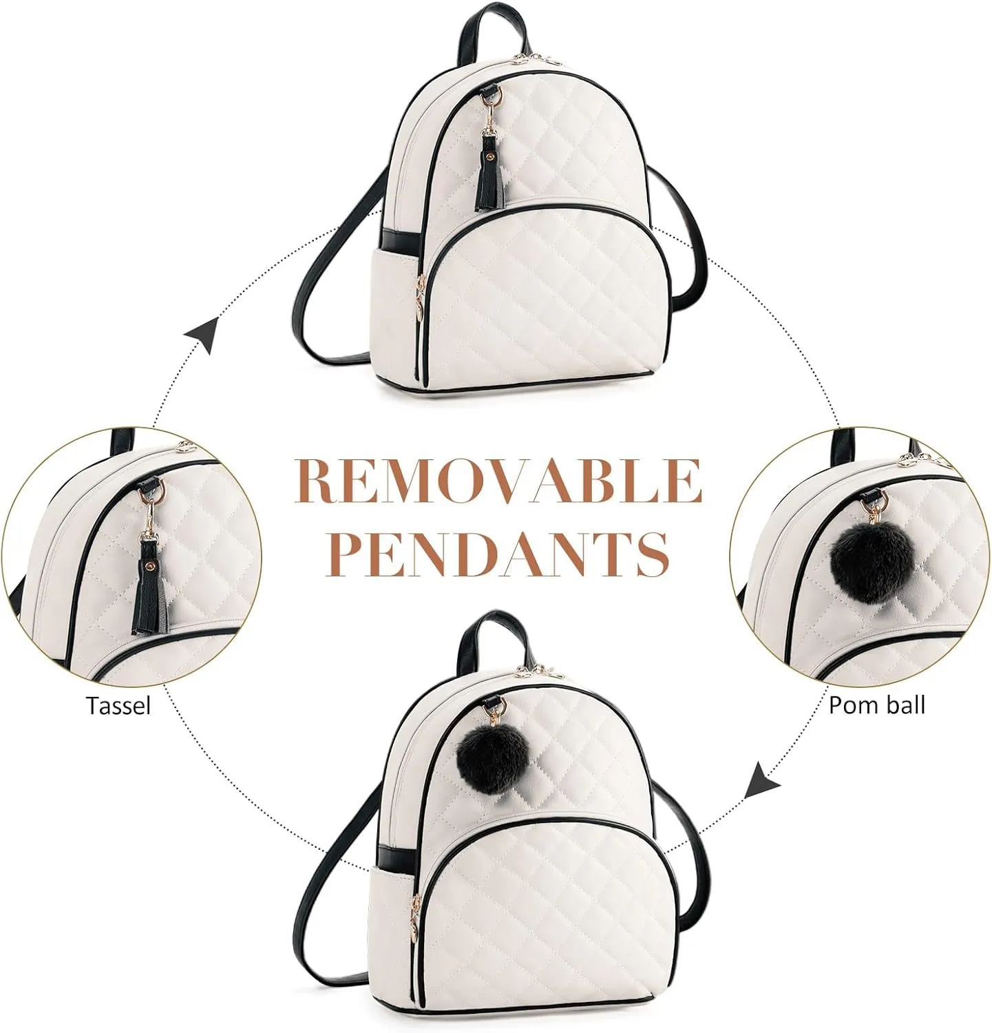 ECOSUSI Mini Backpack for Women Leather Small Backpack Purse for Ladies Cute Pom Bookbag Travel Shoulder Bag with Charm Tassel Black & Beige