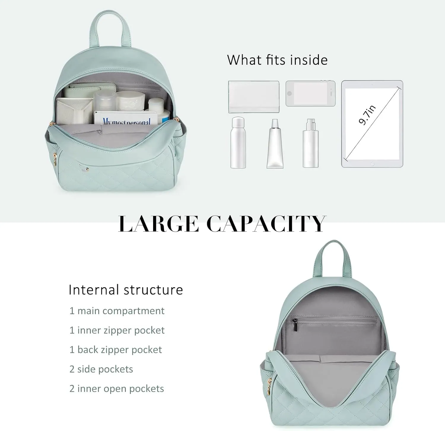 ECOSUSI Mini Backpack for Women Leather Small Backpack Purse for Ladies Cute Pom Bookbag Travel Shoulder Bag with Charm Tassel Green