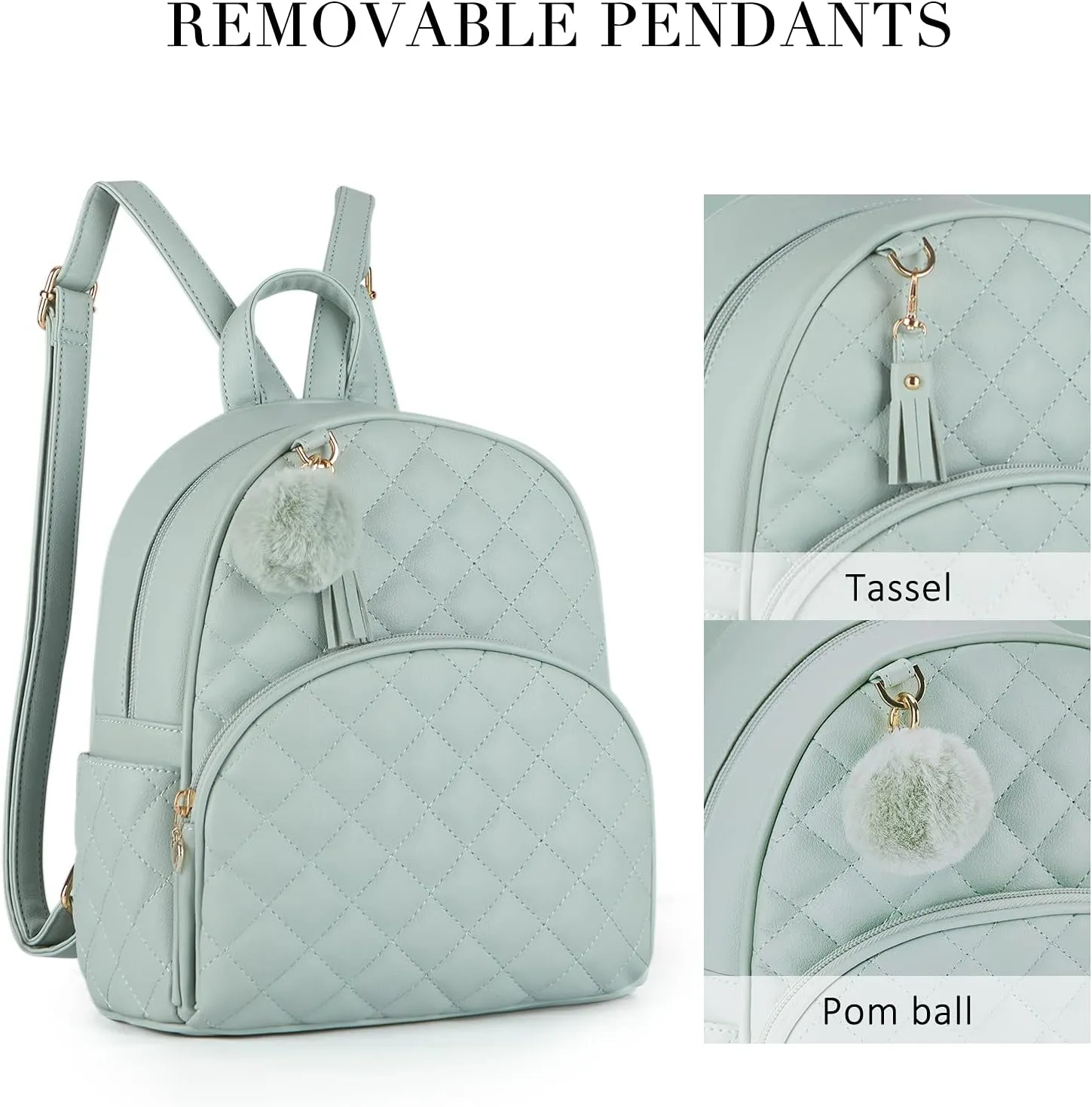 ECOSUSI Mini Backpack for Women Leather Small Backpack Purse for Ladies Cute Pom Bookbag Travel Shoulder Bag with Charm Tassel Green