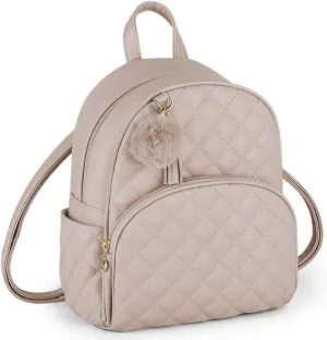 ECOSUSI Mini Backpack for Women Leather Small Backpack Purse for Ladies Cute Pom Bookbag Travel Shoulder Bag with Charm Tassel Khaki