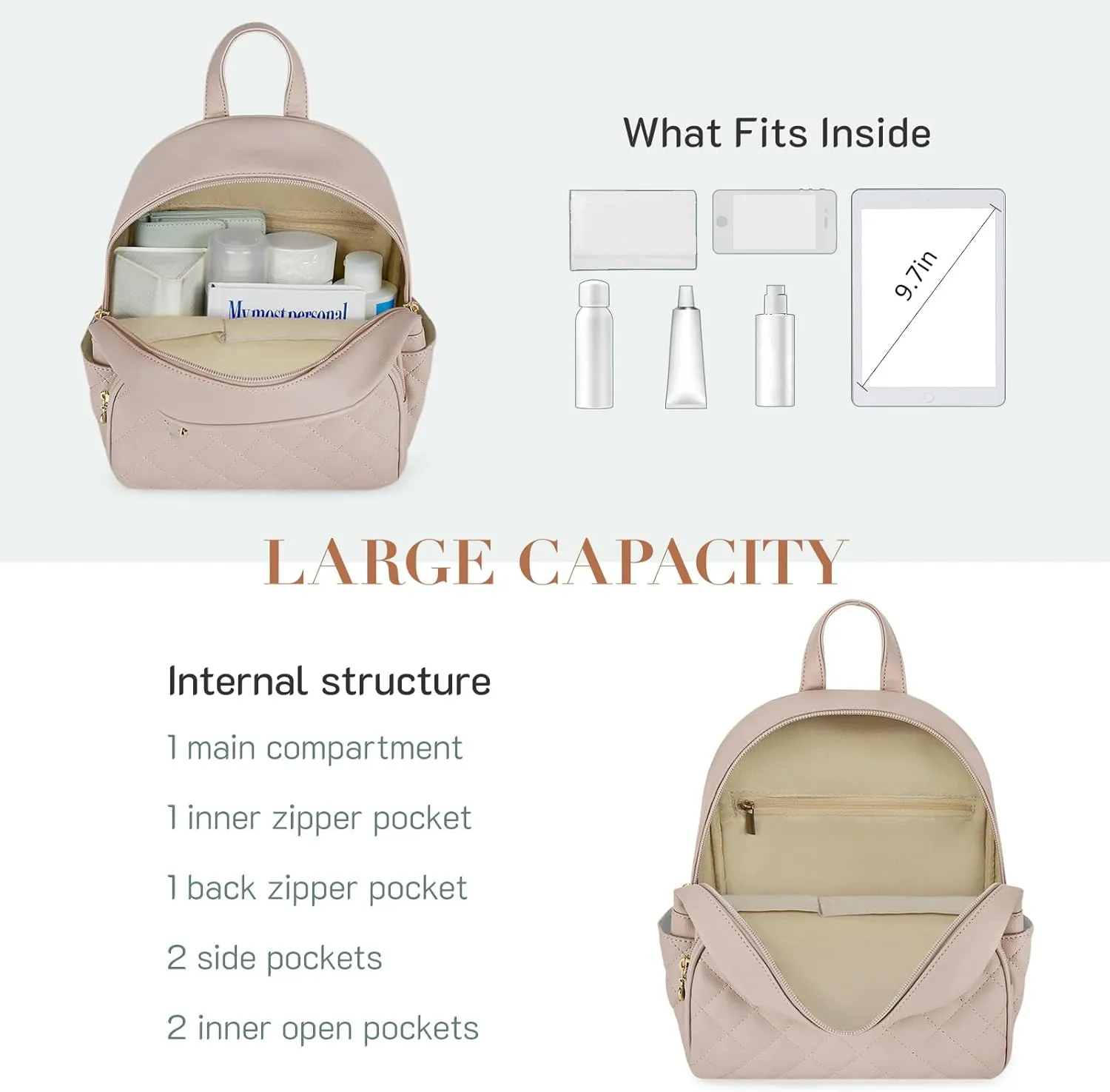 ECOSUSI Mini Backpack for Women Leather Small Backpack Purse for Ladies Cute Pom Bookbag Travel Shoulder Bag with Charm Tassel Khaki