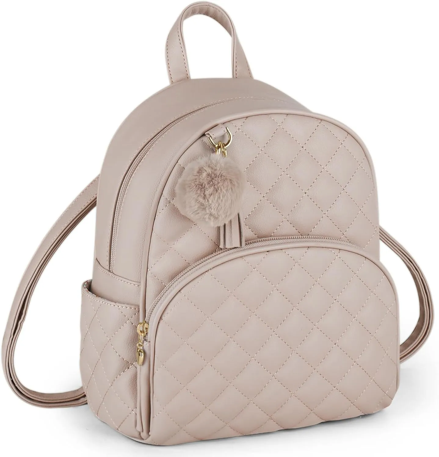 ECOSUSI Mini Backpack for Women Leather Small Backpack Purse for Ladies Cute Pom Bookbag Travel Shoulder Bag with Charm Tassel Khaki
