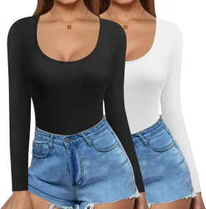 Ekouaer 2 Pack Women's Scoop Neck Tops Long Sleeve Slim Fit T Shirt Thermal Shirts Basic Tight Tee XS-XXL