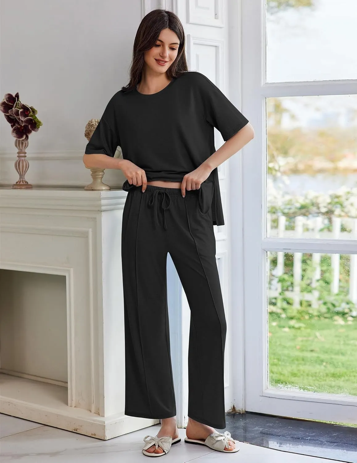Ekouaer Lounge Sets for Women Short Sleeve Pullover Tops and Long Pants Soft Pajamas Set 2 Piece Outfits S-XXL