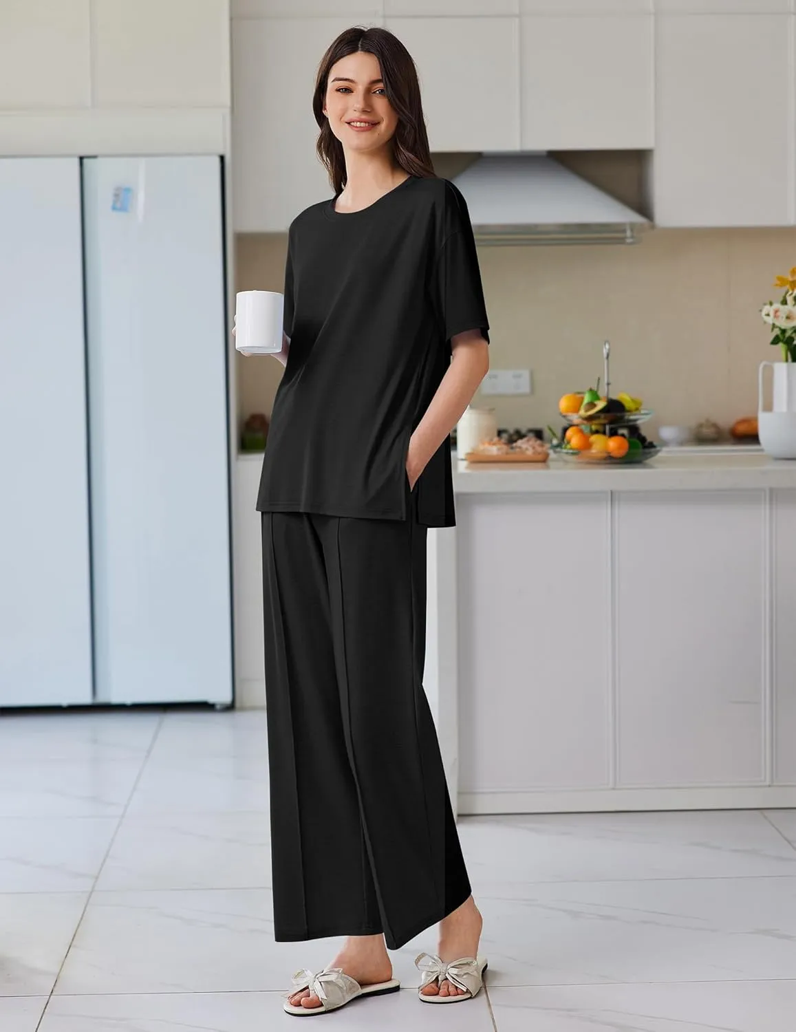 Ekouaer Lounge Sets for Women Short Sleeve Pullover Tops and Long Pants Soft Pajamas Set 2 Piece Outfits S-XXL