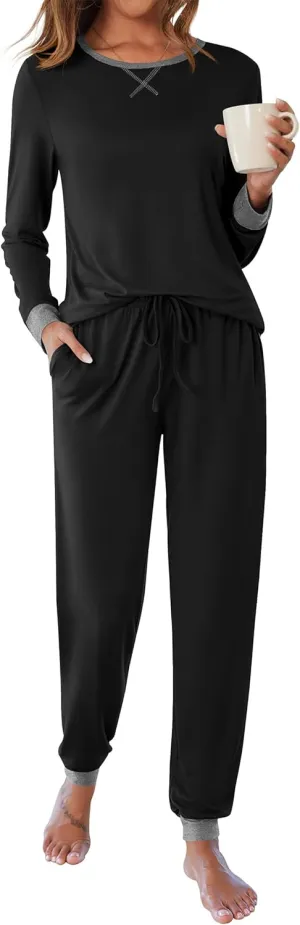 Ekouaer Women's Pajamas Sets Long Sleeve Pjs Soft Sleepwear O Neck 2 Piece Joggers Loung Set with Pockets Black XX-Large