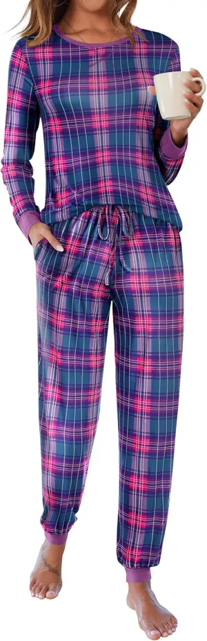 Ekouaer Women's Pajamas Sets Long Sleeve Pjs Soft Sleepwear O Neck 2 Piece Joggers Loung Set with Pockets Purple Plaid X-Large