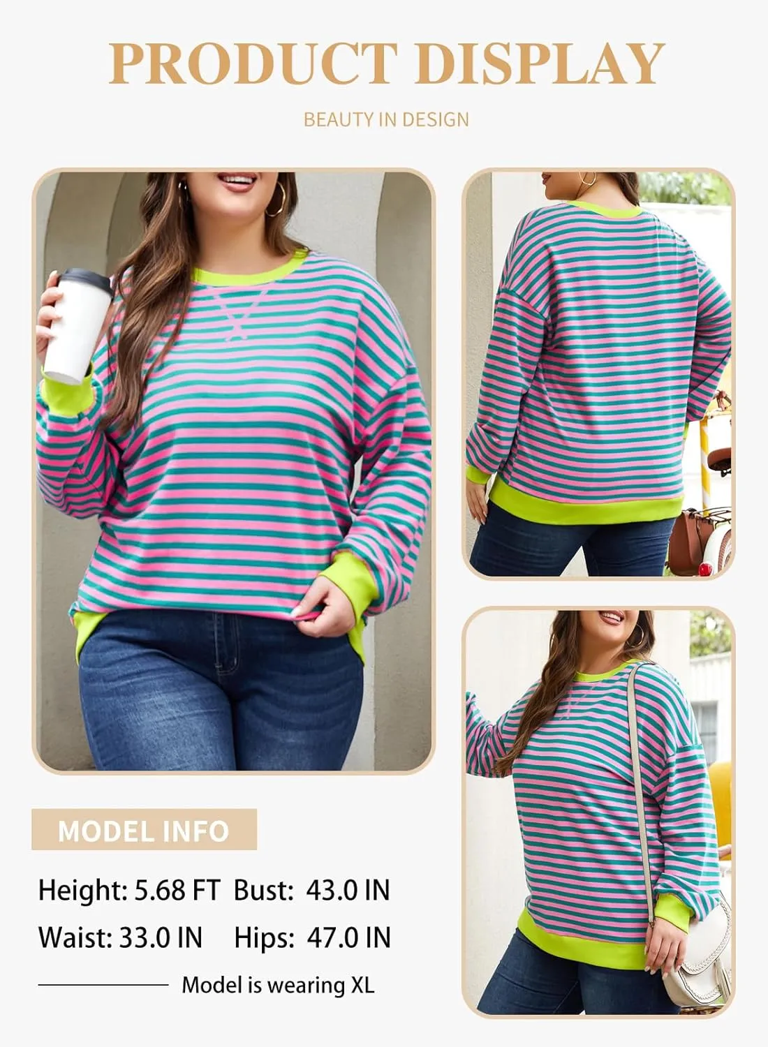 Eytino Women Plus Size Sweatshirt Striped Color Block Crew Neck Pullover Tops Long Sleeve Casual Shirt(1X-5X)