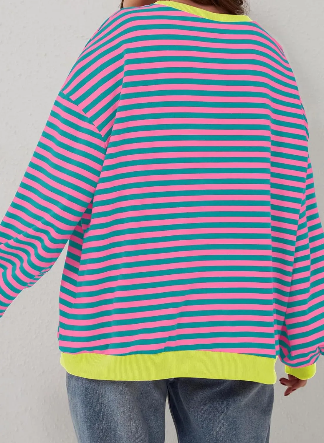 Eytino Women Plus Size Sweatshirt Striped Color Block Crew Neck Pullover Tops Long Sleeve Casual Shirt(1X-5X)