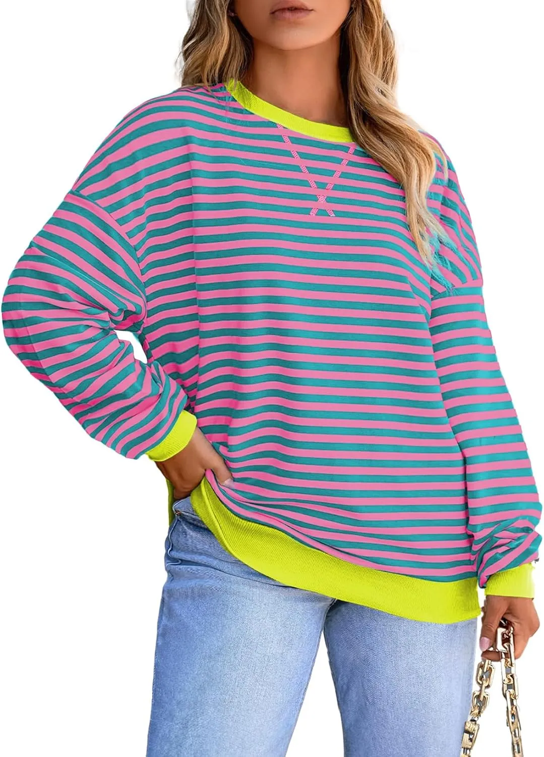 Eytino Women Plus Size Sweatshirt Striped Color Block Crew Neck Pullover Tops Long Sleeve Casual Shirt(1X-5X)