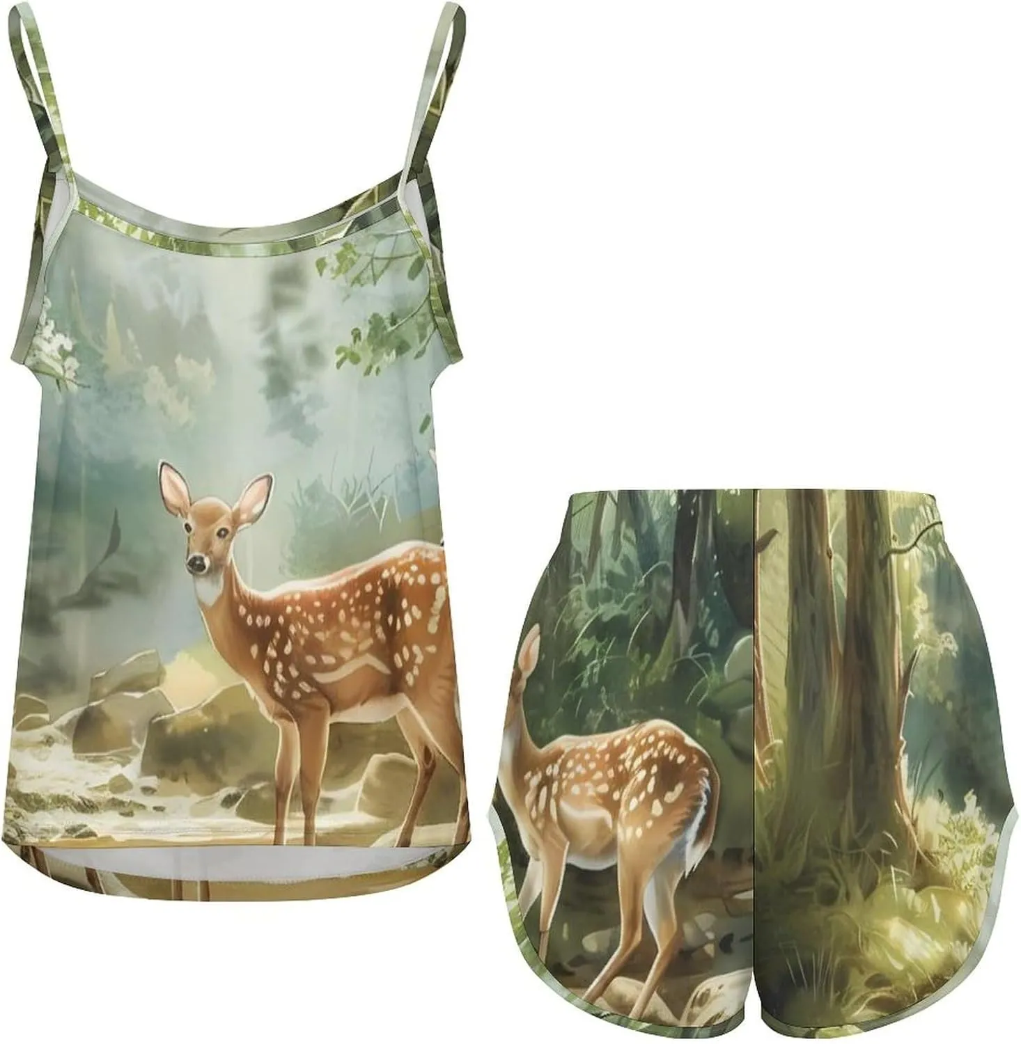 Fairytales Deer Fawn Forests Animal Pajamas for Women Set 2 Piece Pjs Silk Sleepwear Loungewear Sleeveless Top And Short