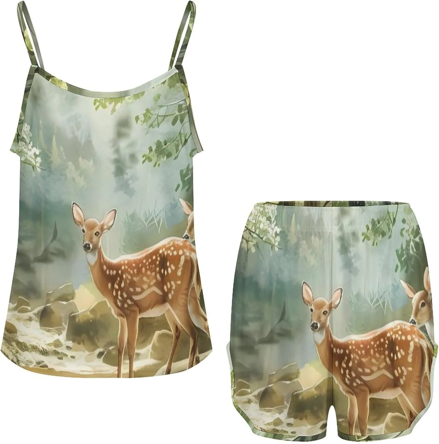Fairytales Deer Fawn Forests Animal Pajamas for Women Set 2 Piece Pjs Silk Sleepwear Loungewear Sleeveless Top And Short