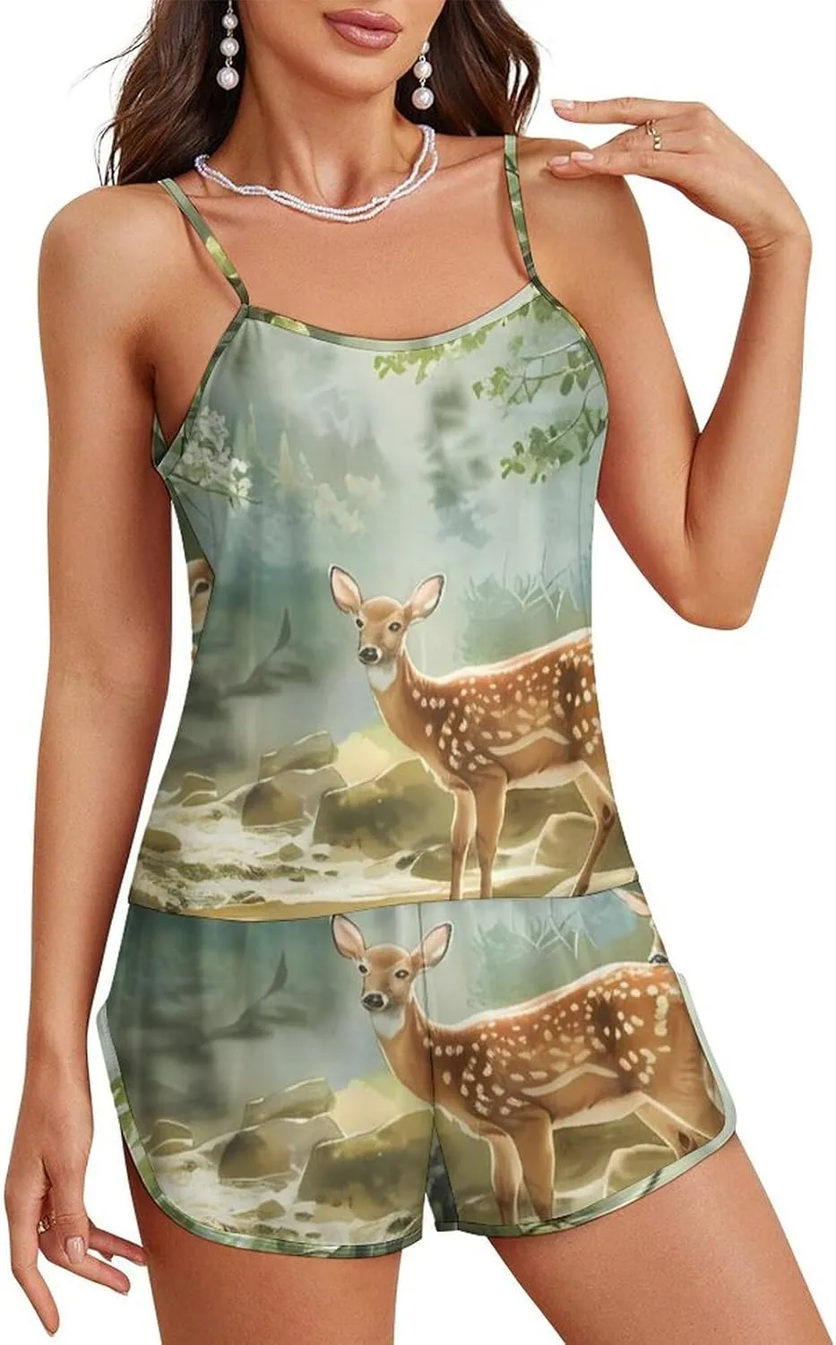 Fairytales Deer Fawn Forests Animal Pajamas for Women Set 2 Piece Pjs Silk Sleepwear Loungewear Sleeveless Top And Short