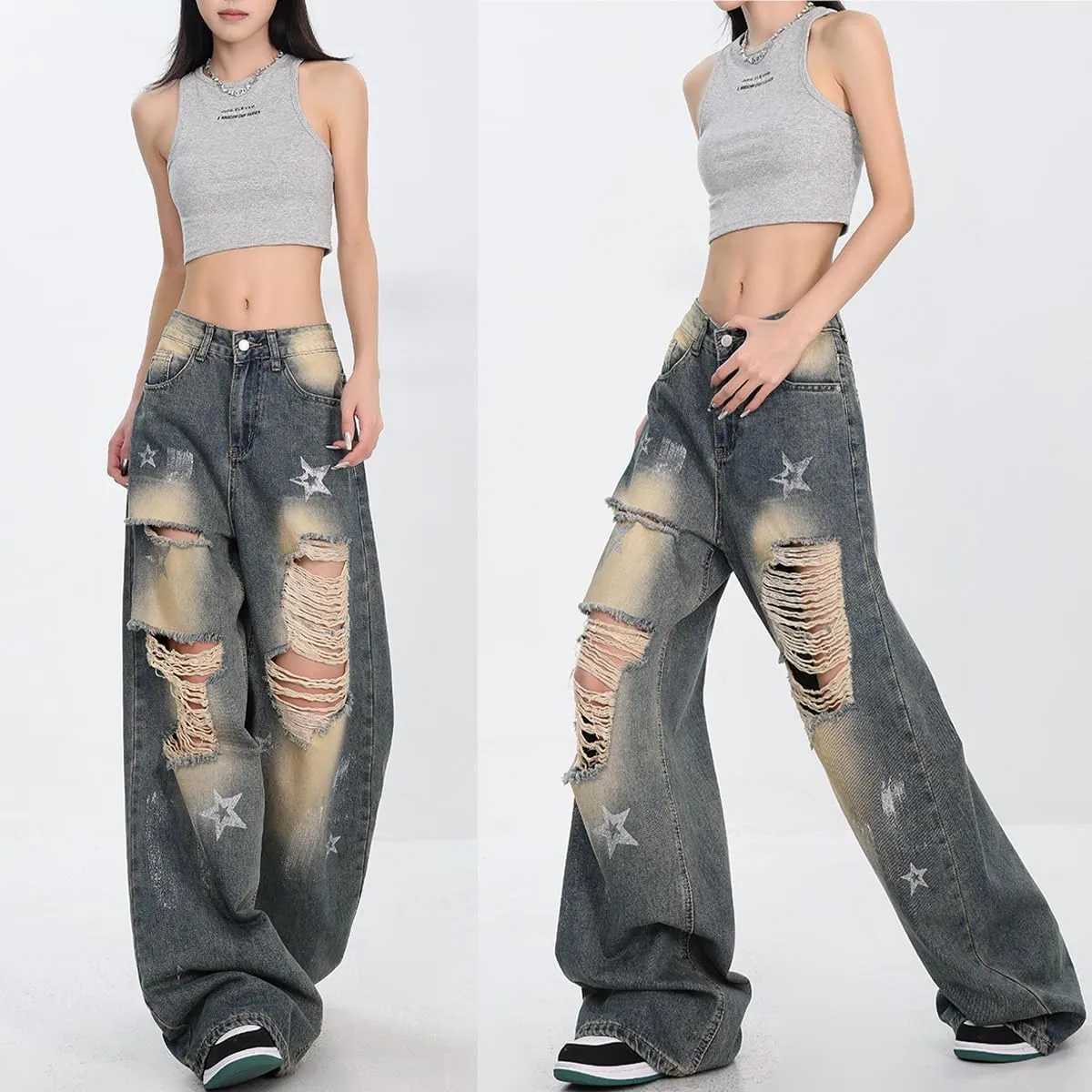 Fashion Vintage High Waisted Baggy Wide Leg Ripped Jeans Y2K Star Washed Casual Straight Leg Denim Pants