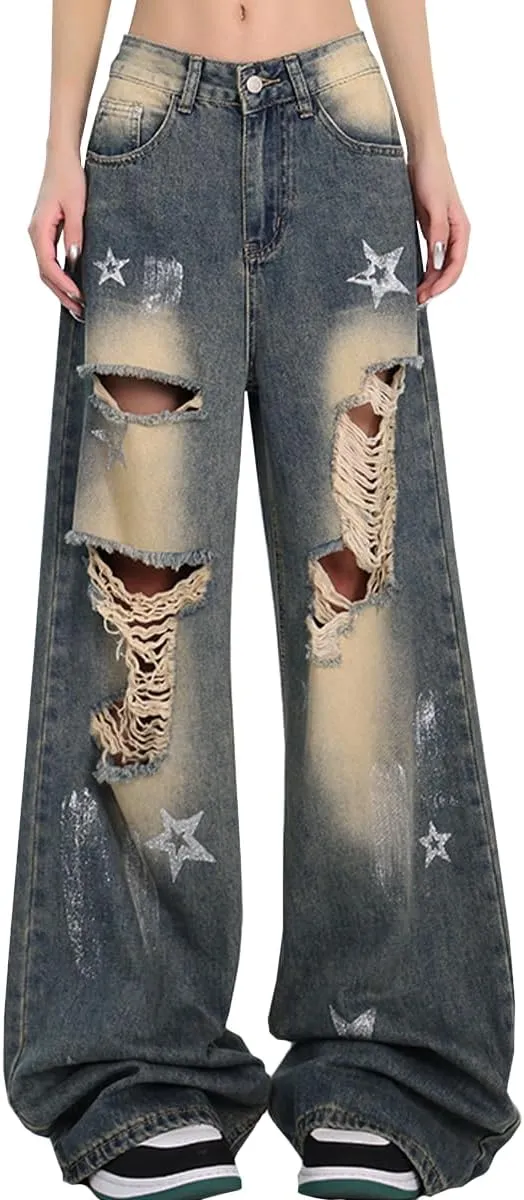 Fashion Vintage High Waisted Baggy Wide Leg Ripped Jeans Y2K Star Washed Casual Straight Leg Denim Pants