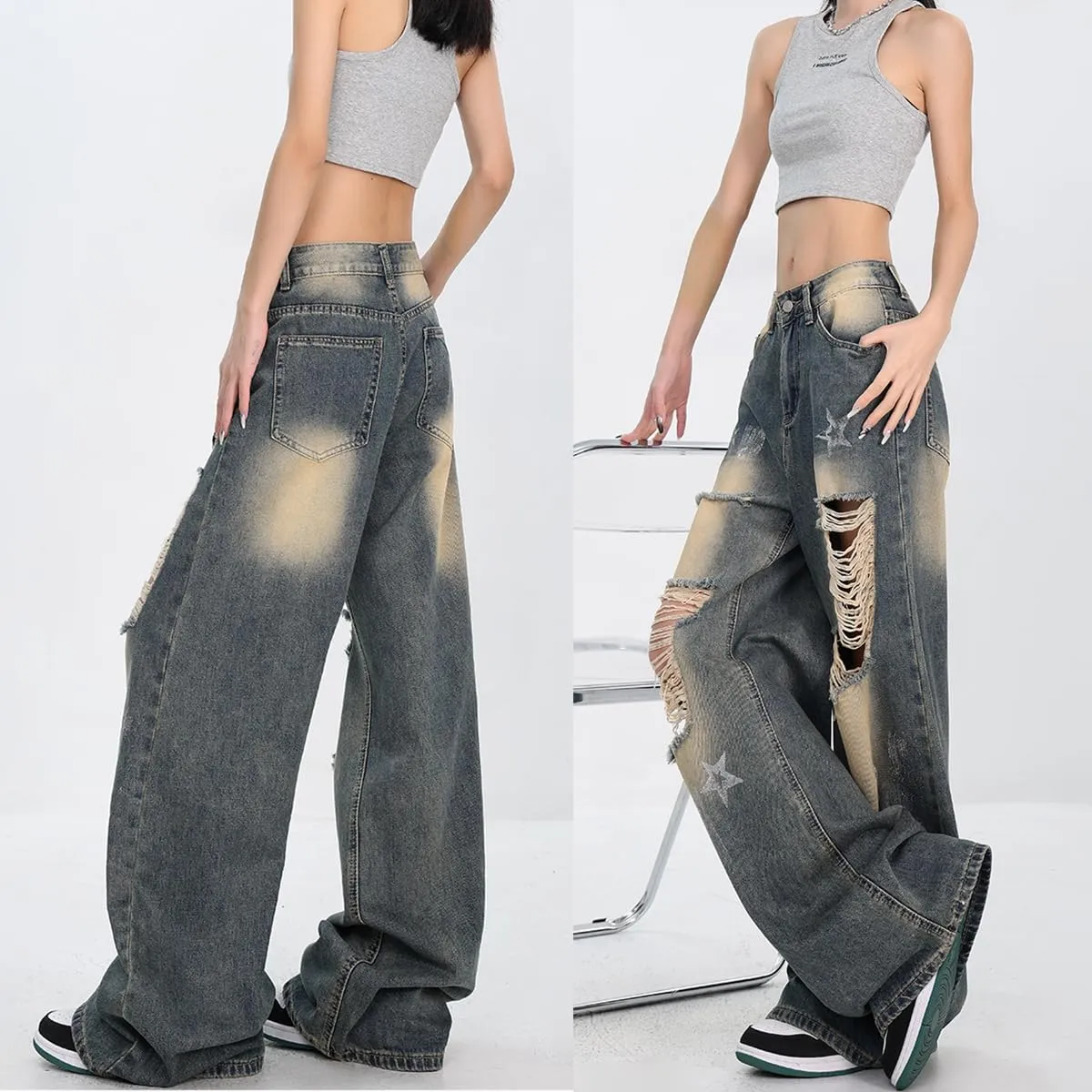 Fashion Vintage High Waisted Baggy Wide Leg Ripped Jeans Y2K Star Washed Casual Straight Leg Denim Pants