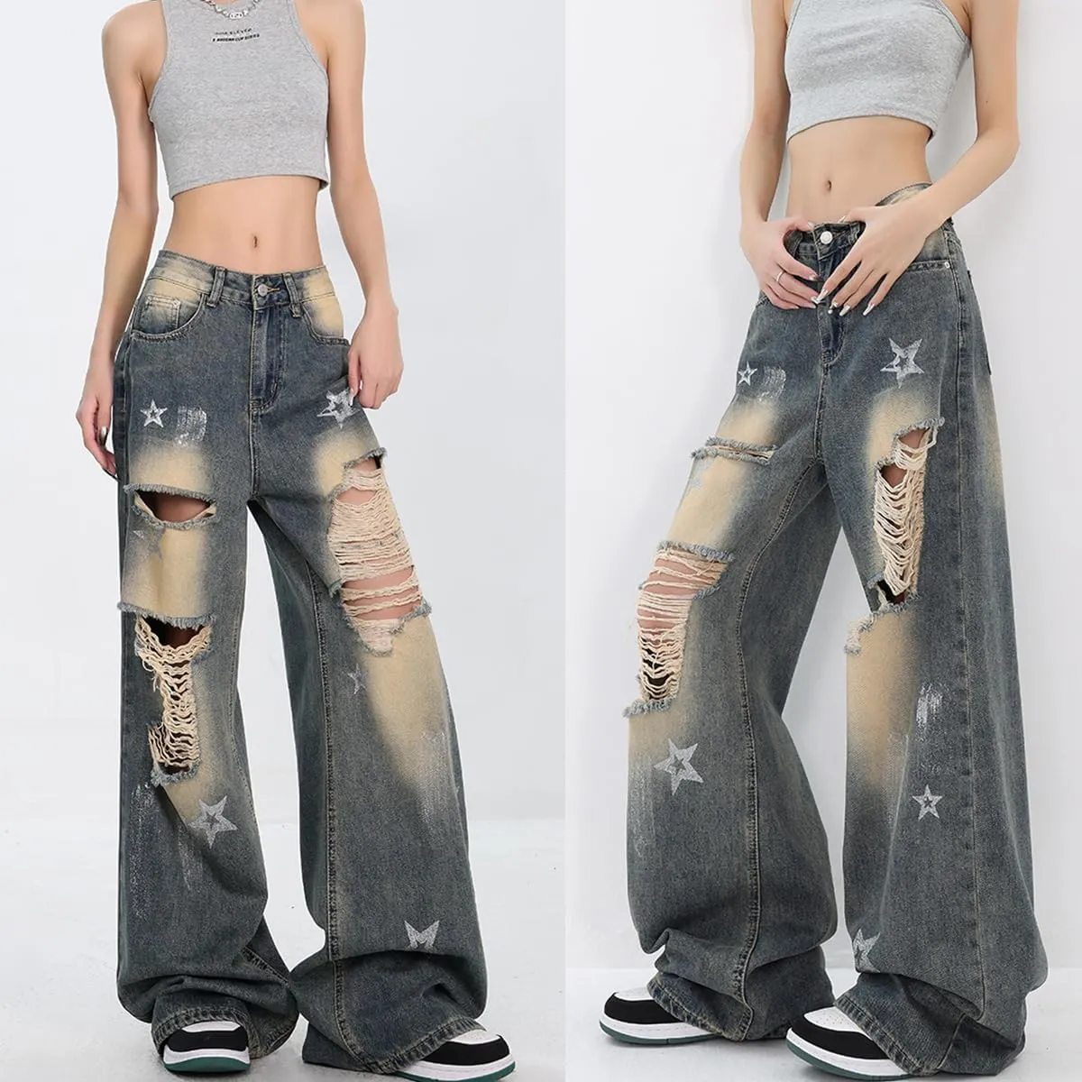 Fashion Vintage High Waisted Baggy Wide Leg Ripped Jeans Y2K Star Washed Casual Straight Leg Denim Pants