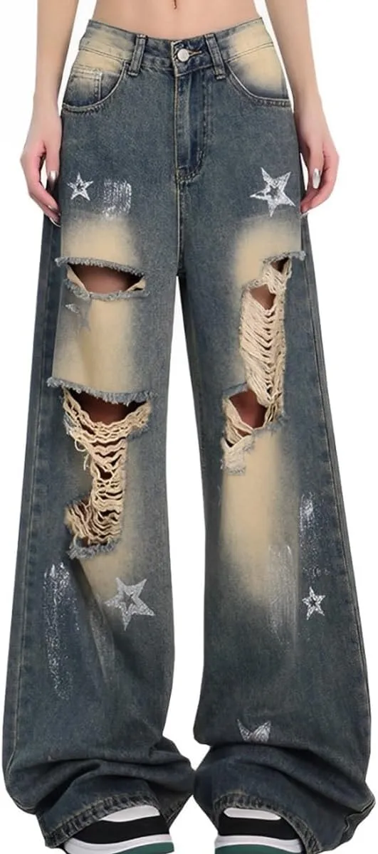 Fashion Vintage High Waisted Baggy Wide Leg Ripped Jeans Y2K Star Washed Casual Straight Leg Denim Pants