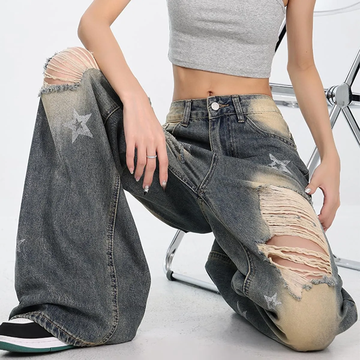 Fashion Vintage High Waisted Baggy Wide Leg Ripped Jeans Y2K Star Washed Casual Straight Leg Denim Pants