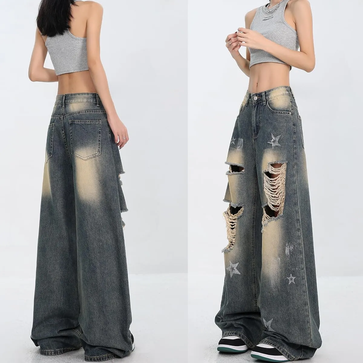 Fashion Vintage High Waisted Baggy Wide Leg Ripped Jeans Y2K Star Washed Casual Straight Leg Denim Pants