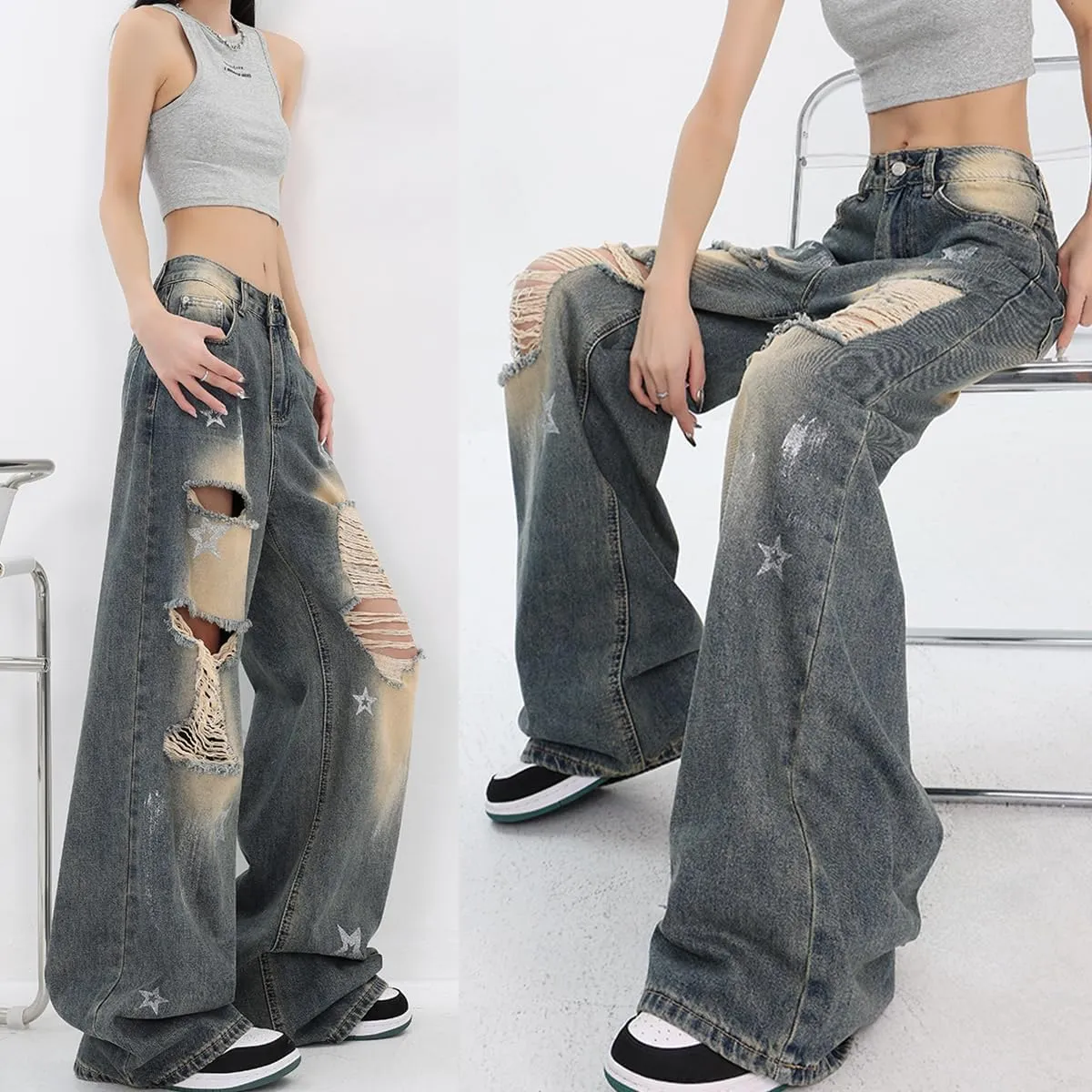 Fashion Vintage High Waisted Baggy Wide Leg Ripped Jeans Y2K Star Washed Casual Straight Leg Denim Pants