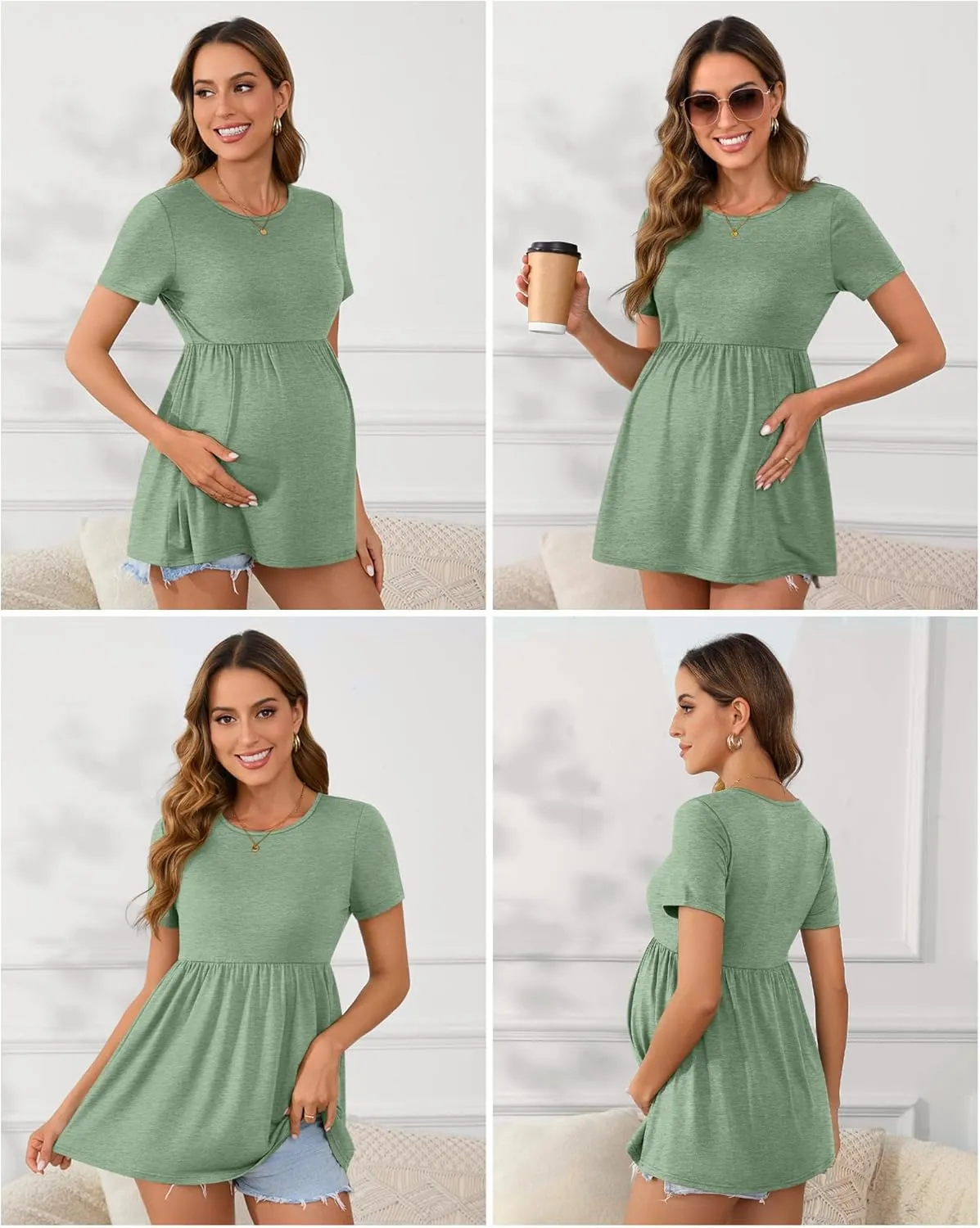 Ficerd 3 Packs Cotton Women's Maternity Tops Short Sleeve Scoop Neck Elastic Band High Waist Shirts Pregnancy Clothes
