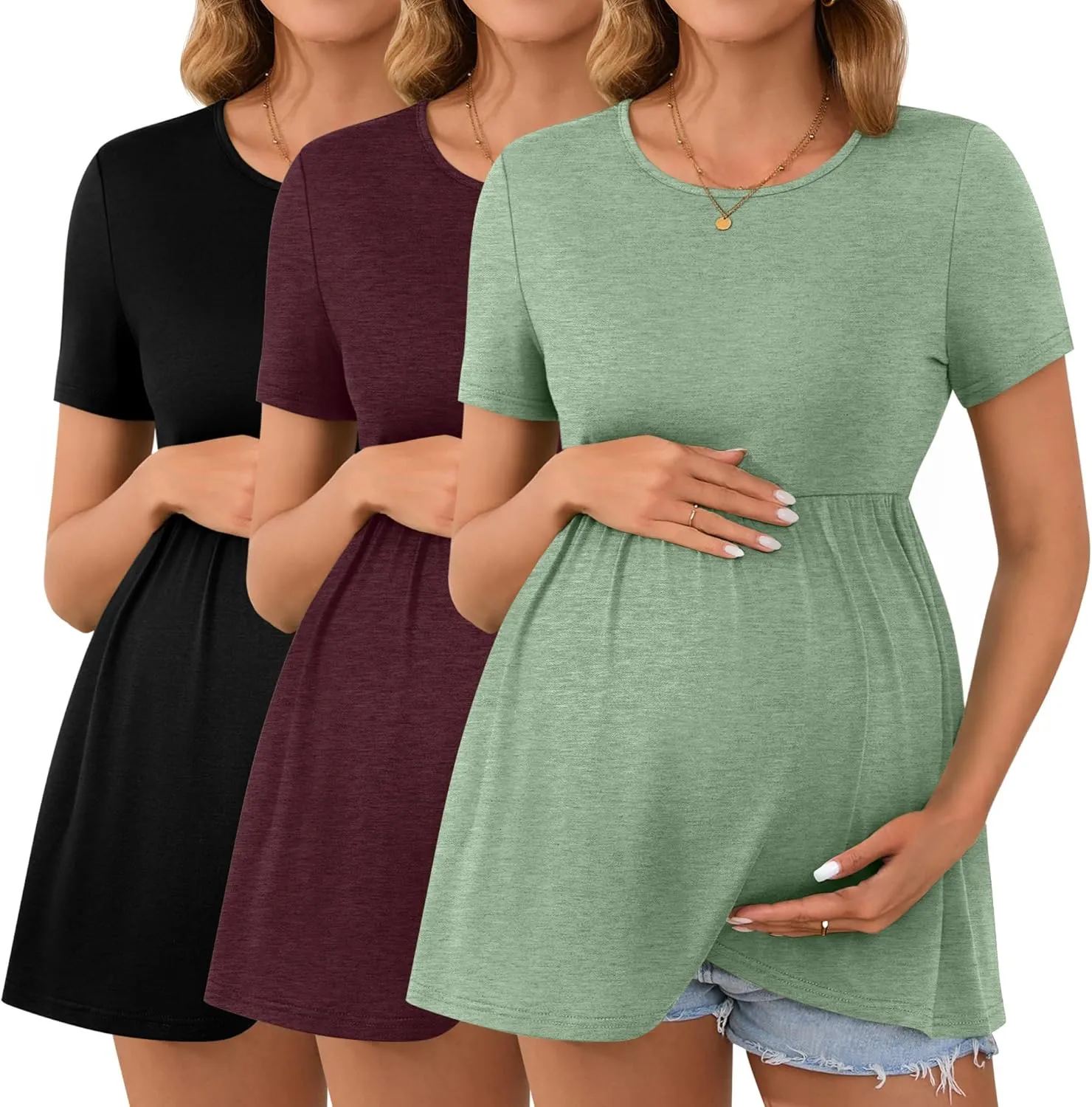 Ficerd 3 Packs Cotton Women's Maternity Tops Short Sleeve Scoop Neck Elastic Band High Waist Shirts Pregnancy Clothes